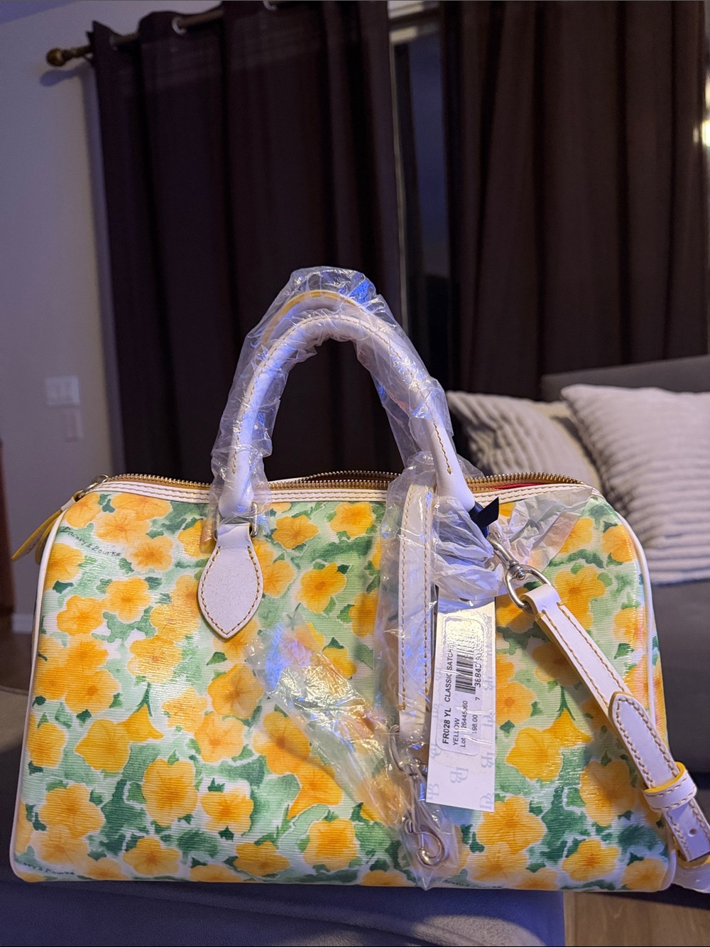 Dooney & Bourke Yellow Floral Satchel with White Handles - Picture 3 of 4